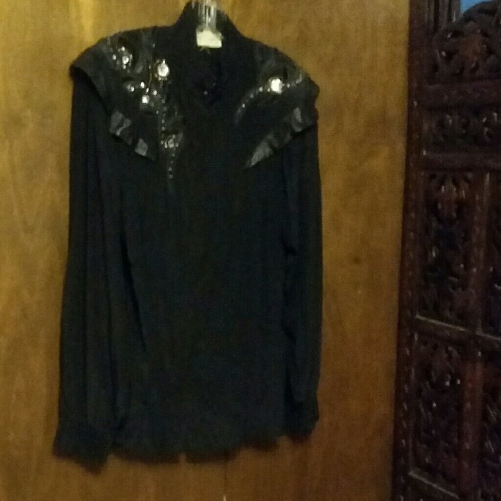 MICHELLE STUART BLACK Leather & Rhinestone Blouse